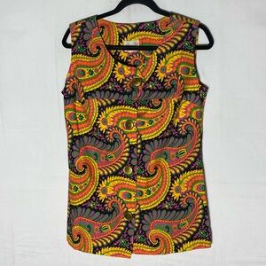 Vintage 60/70s Leisure Lady Bold Colourful Paisley Sleeveless Button Front Top S